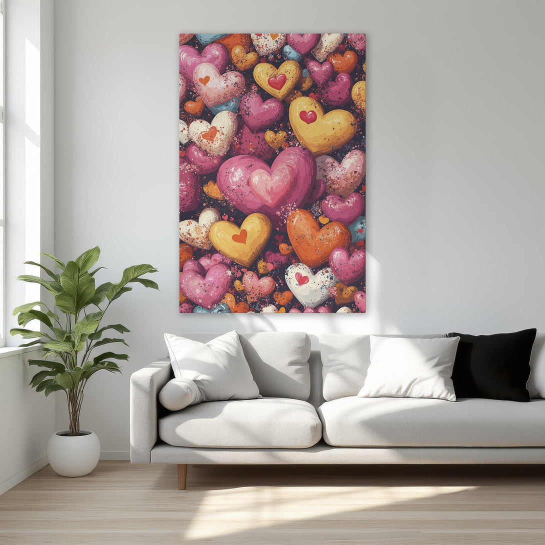 Framed Wall Art featuring vibrant hearts in pink, orange, and yellow. Modern art canvas print adds a pop of color to any room.
