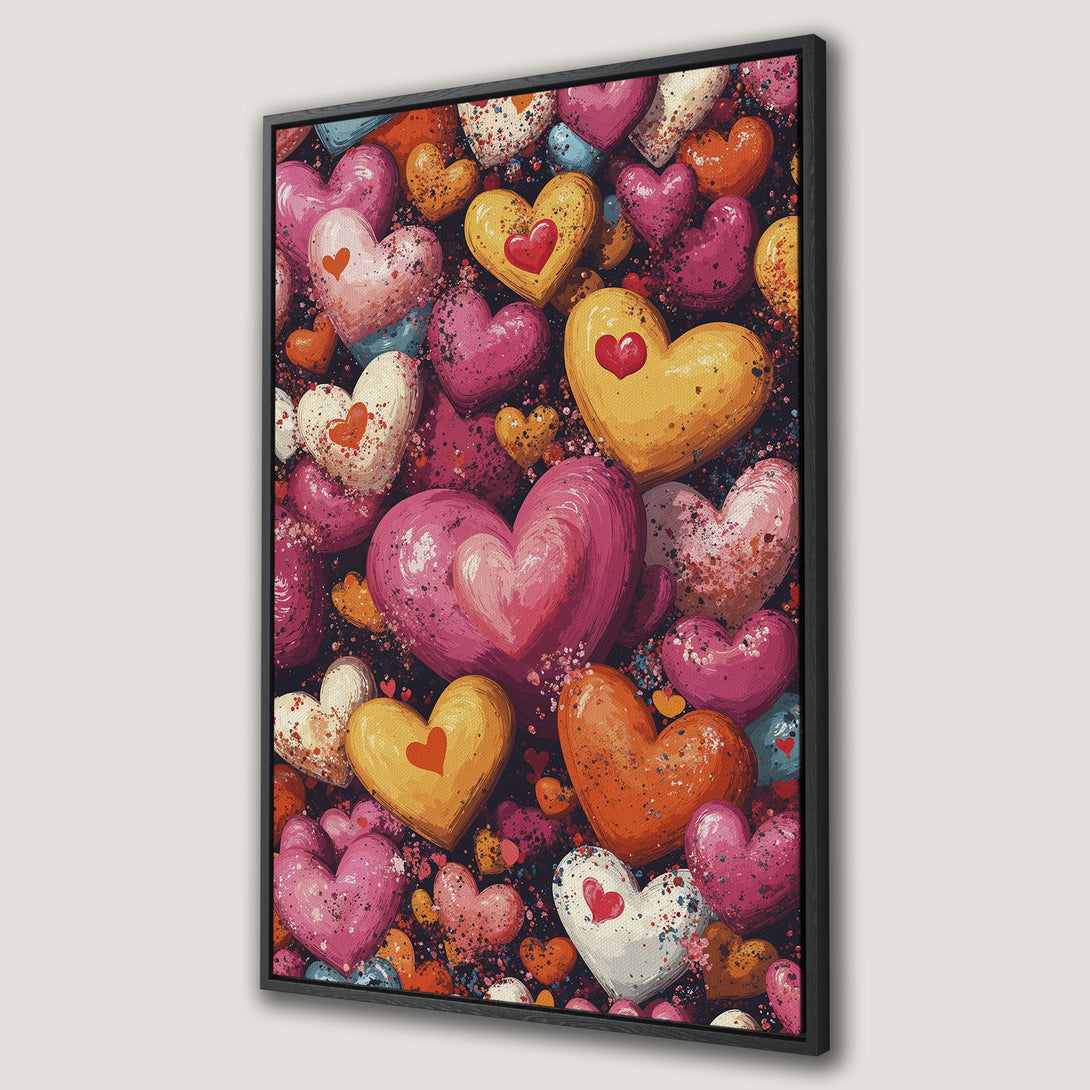 Framed Wall Art featuring a vibrant, whimsical heart design in pink, yellow, and orange hues. Perfect for adding love and color to any space!
