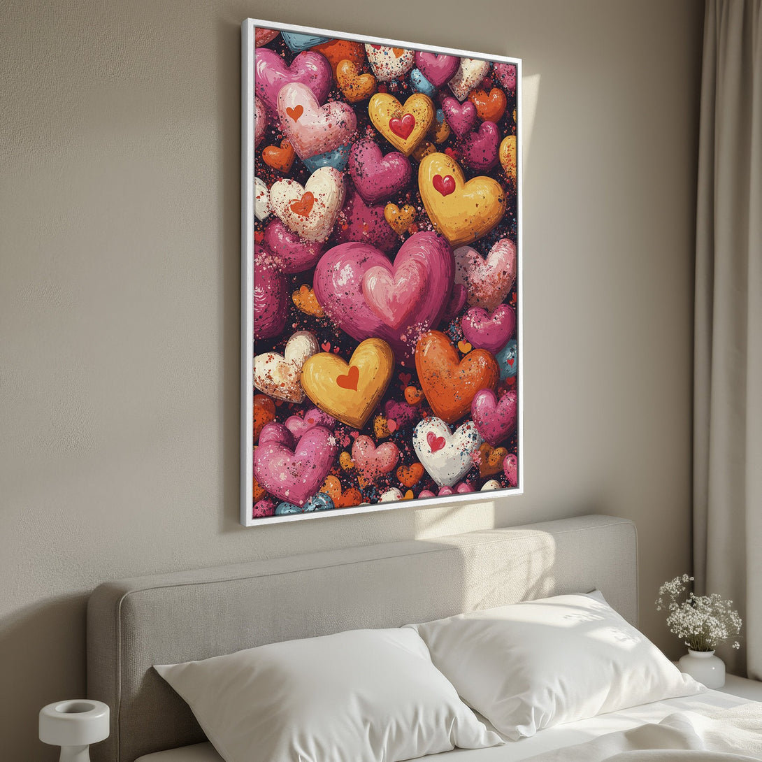 Framed Wall Art featuring a vibrant heart design in pink, orange, and yellow hues. Perfect for adding love and color to your bedroom decor.