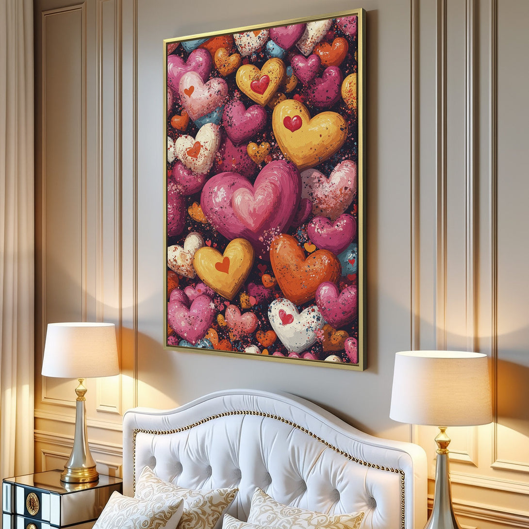 Canvas Print featuring a vibrant heart collage in pinks, yellows, and oranges. Modern art style adds a pop of color to any room.