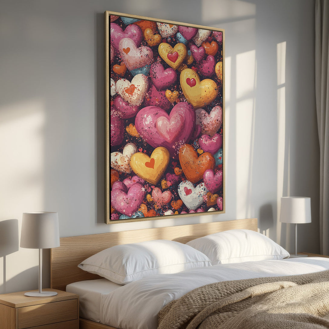 Framed Wall Art featuring a vibrant heart-filled design in pink, yellow, and orange hues. Perfect for adding a touch of love and warmth to any bedroom decor.