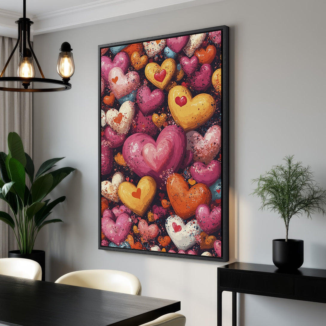 Framed Wall Art featuring a vibrant heart design in a watercolor style with a warm, colorful palette. Perfect for adding love and style to your home!