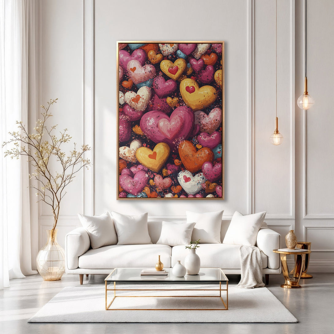 Framed Wall Art featuring a vibrant heart design in pink, yellow, and orange. Modern, romantic style perfect for adding a pop of color to any interior.