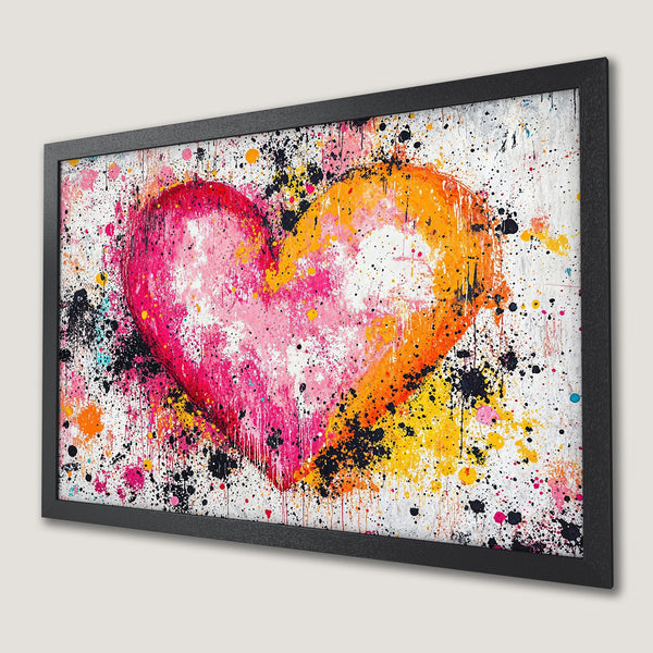 Framed Poster: Abstract heart art print in vibrant pink, orange, yellow, and black paint splatter style.
