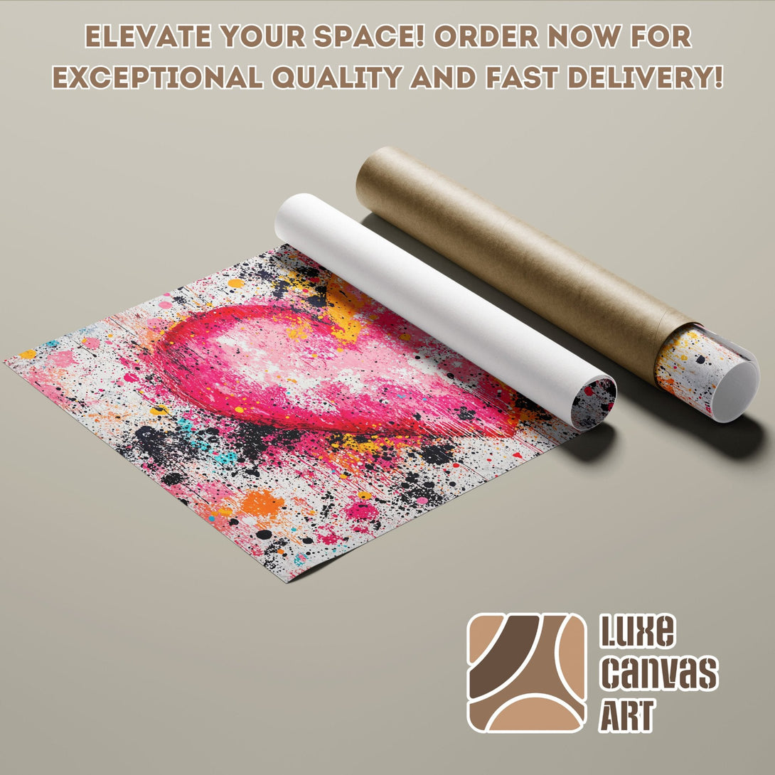 Abstract art Poster Roll with vibrant pink, orange, and black paint splatter on white. Elevate your space!