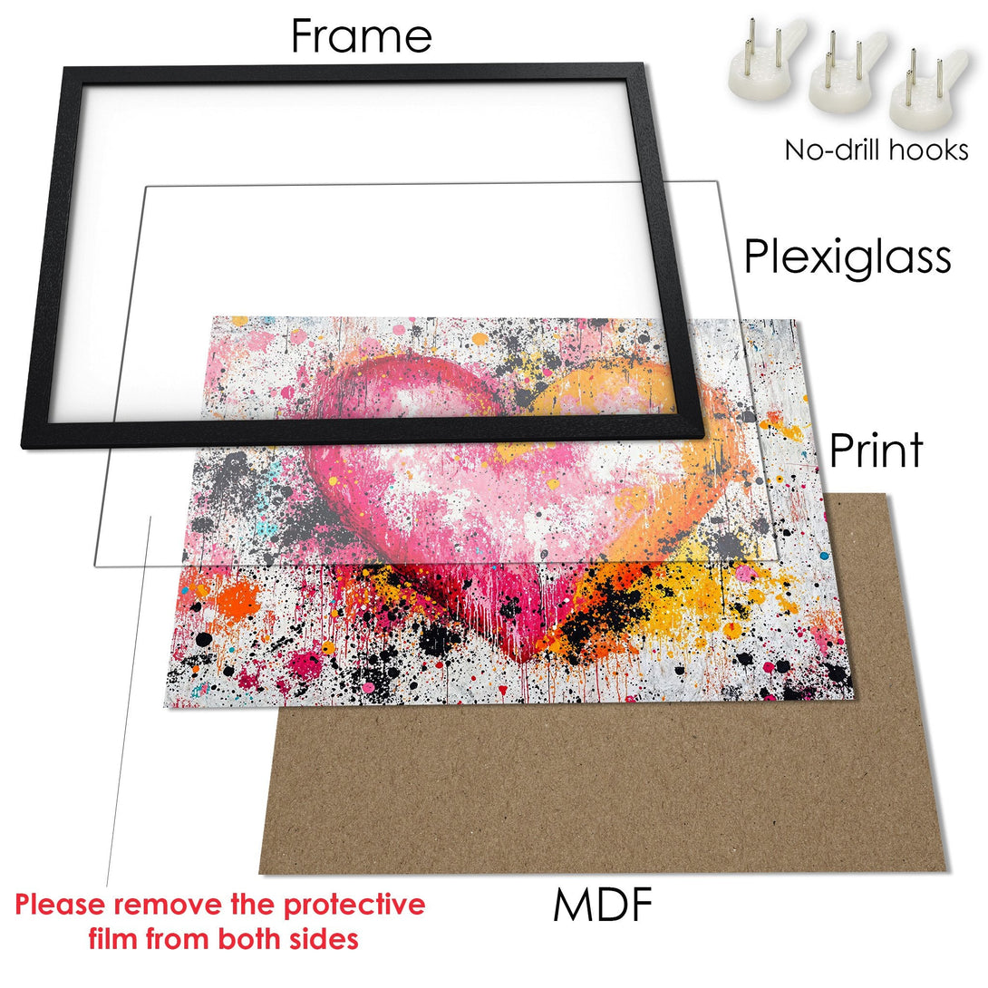 Framed Poster with abstract heart art in vibrant pink, orange, and black splatter paint style. Modern wall decor.