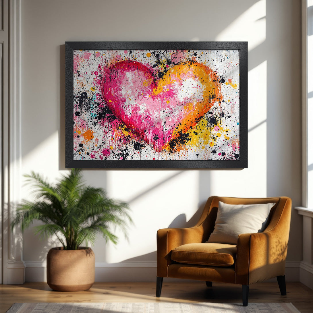 Framed Poster featuring a vibrant, abstract heart in pink, orange, and yellow. Modern art style, perfect for home decor.