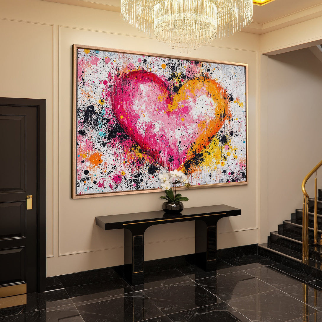 Framed Wall Art of a vibrant, abstract heart in pink, orange, and yellow. Modern, colorful canvas print perfect for home decor.
