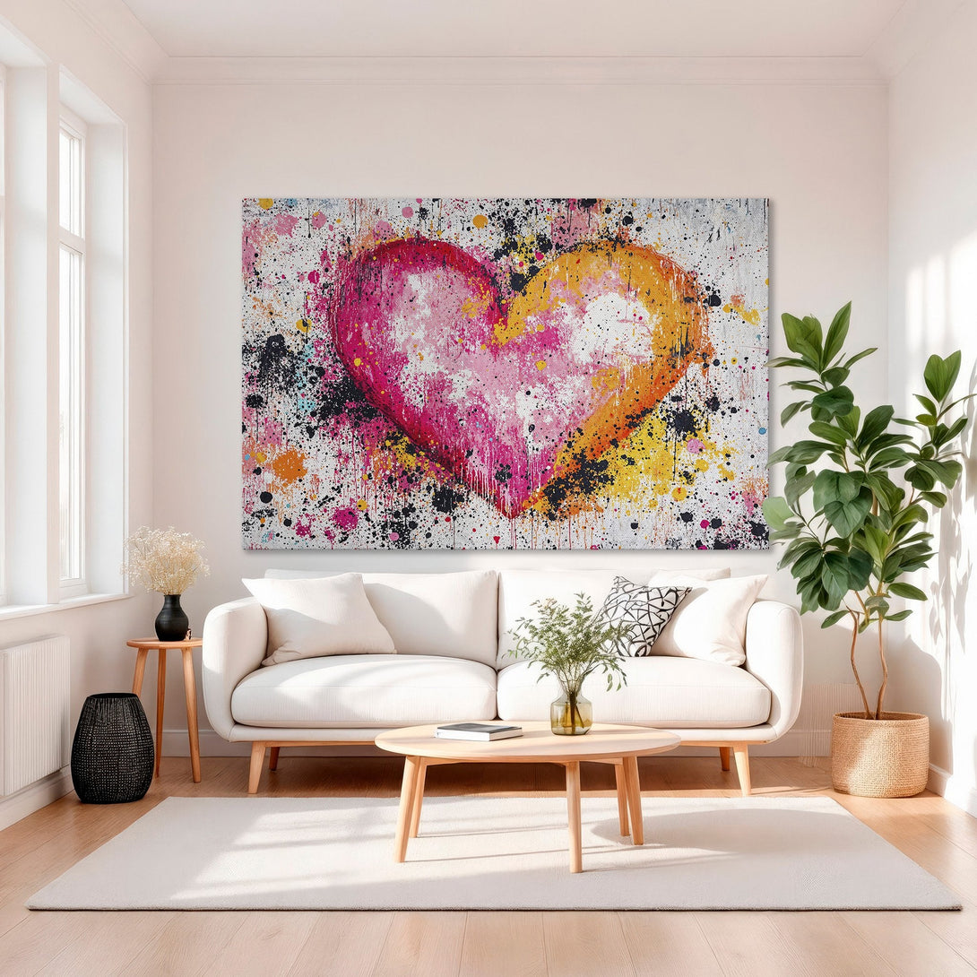 Framed Wall Art: Abstract heart canvas print in vibrant pink, orange, and yellow. Modern art for a stylish interior.