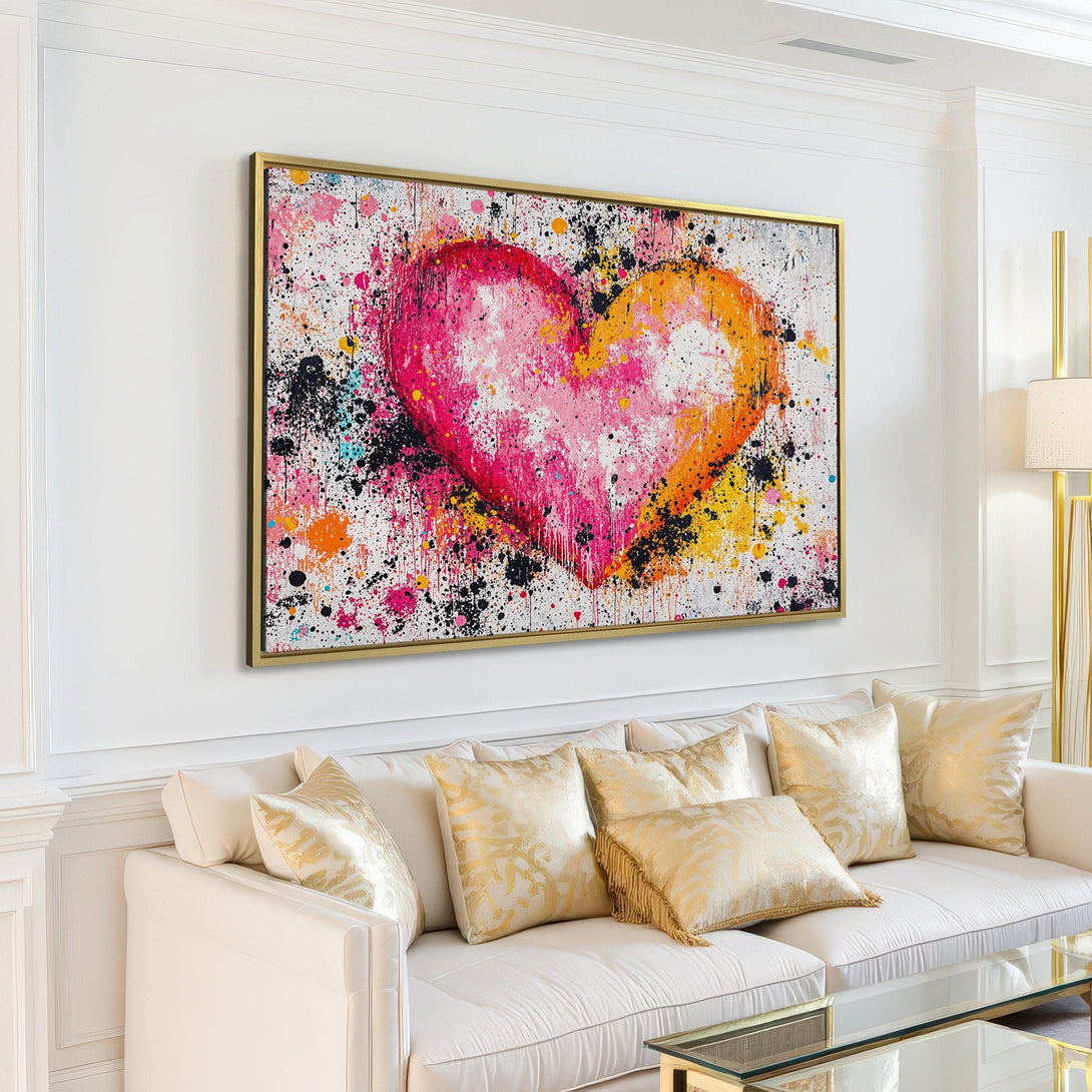 Canvas Print: Abstract heart art in pink, orange, and yellow. Modern style wall art for living room decor.