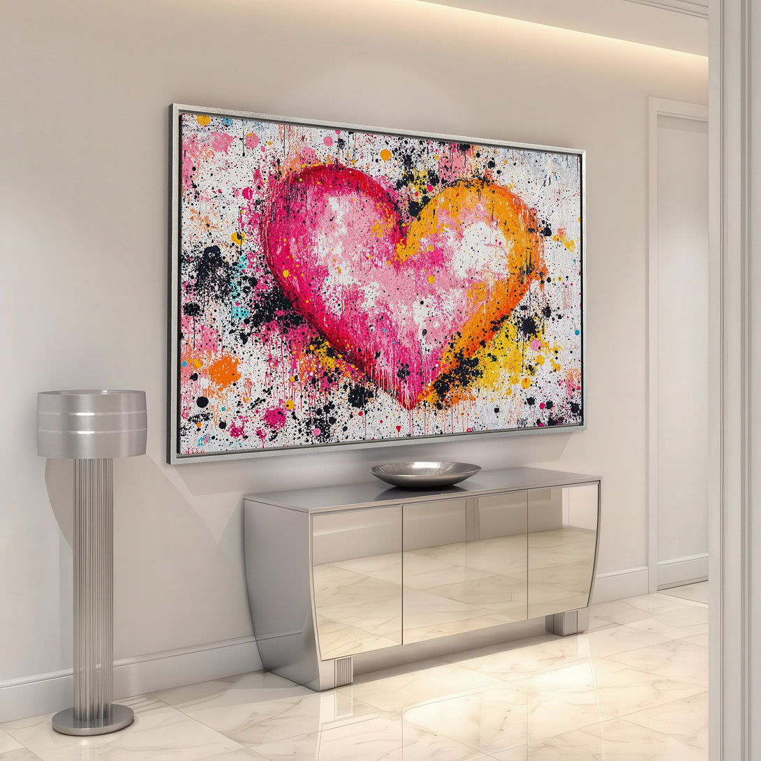 Framed Wall Art: Abstract heart canvas print in vibrant pink, orange, and black. Modern art adds a pop of color to any interior. Shop now!