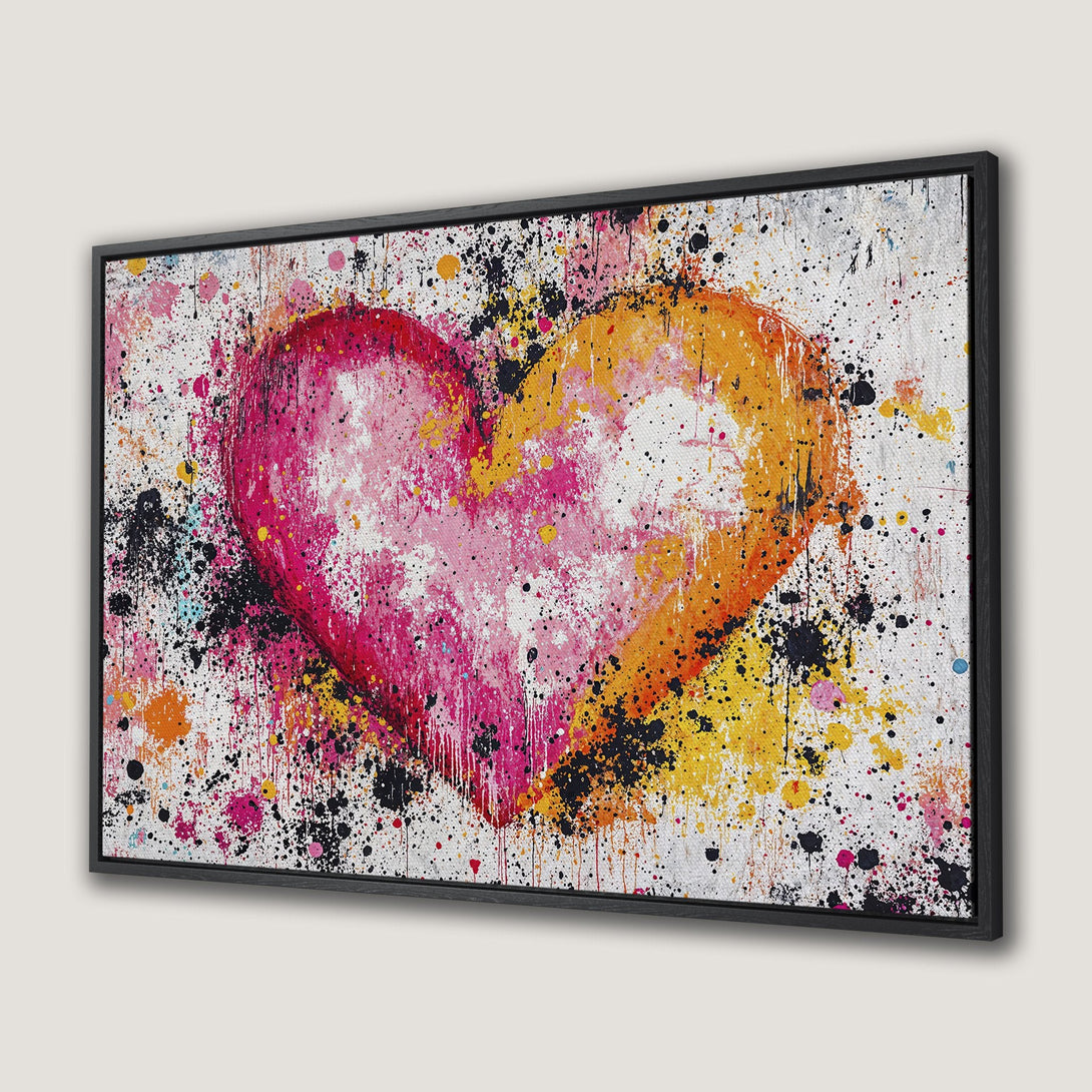 Framed Wall Art: Abstract heart painting in vibrant pink, orange, and yellow hues. Modern, expressive style perfect for adding color to any space.