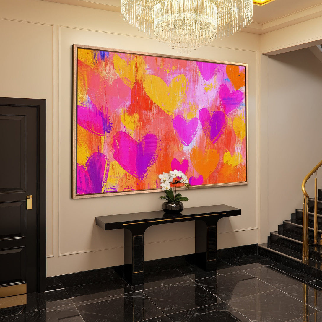 Framed Wall Art: Abstract heart painting in vibrant pink, orange, and yellow hues. Modern art canvas print adds a pop of color to any space.