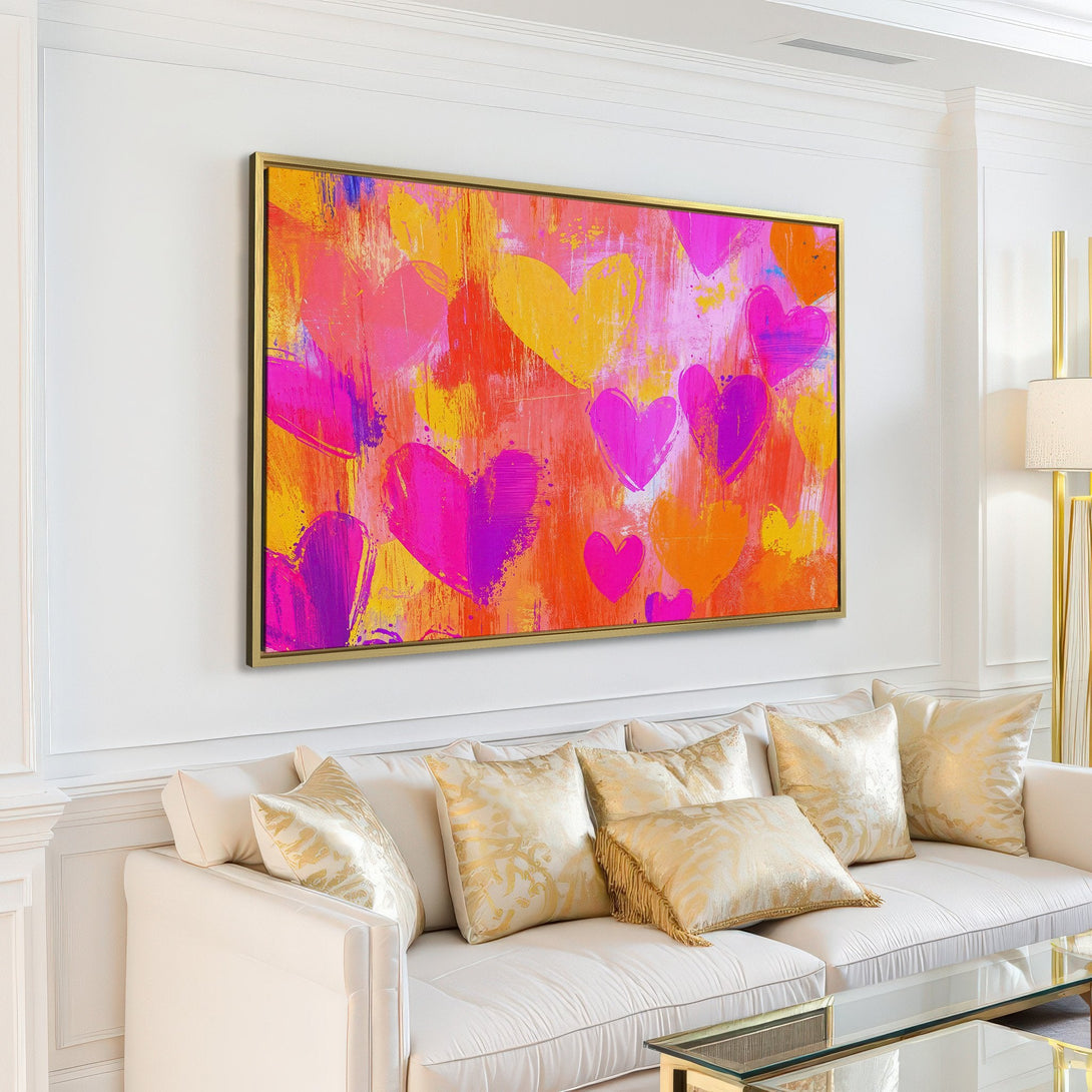Abstract heart Canvas Print in vibrant pink, orange, and yellow hues. Modern art to brighten any space. Shop now for unique wall decor!