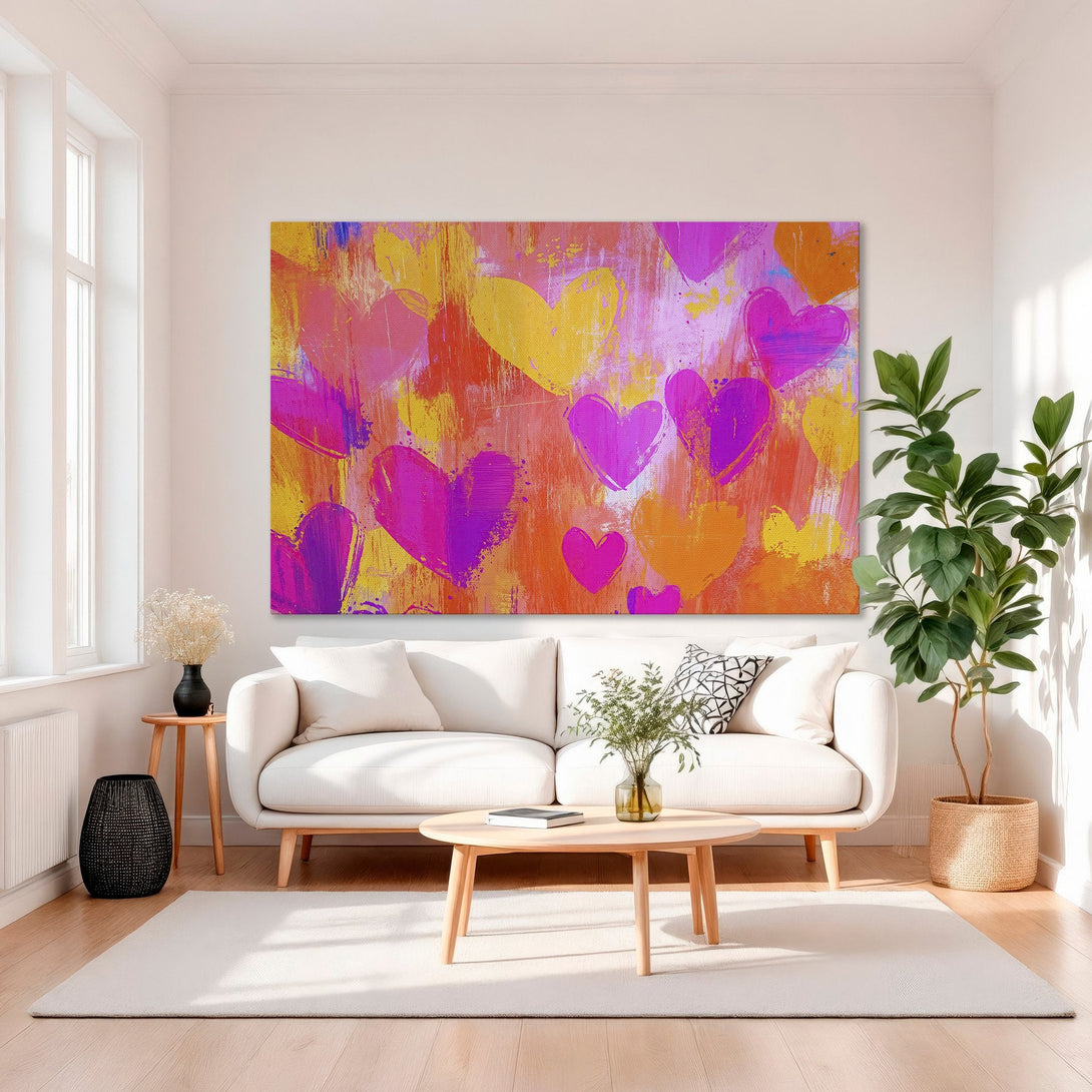 Framed Wall Art: Abstract heart painting in vibrant pinks, oranges, and yellows. Modern art canvas print to brighten any space.