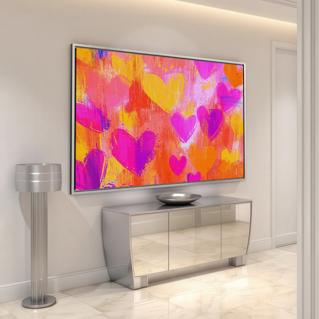Framed Wall Art featuring vibrant heart abstract art in pink, orange, and yellow hues. Modern art for a pop of color in your home decor.