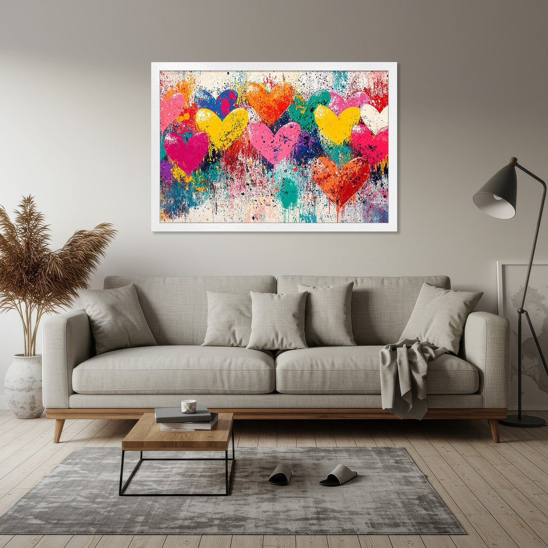 Framed Poster featuring colorful heart art in a modern, abstract style. Vibrant reds, pinks, yellows, and blues on a white background.