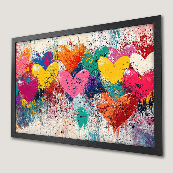 Framed Poster featuring vibrant, abstract hearts in a colorful, splatter-paint style. Perfect for adding a pop of art to any space!