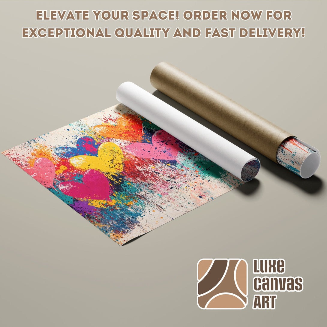 Abstract heart art Poster Roll. Colorful splatter design with vibrant hues. Elevate your space!