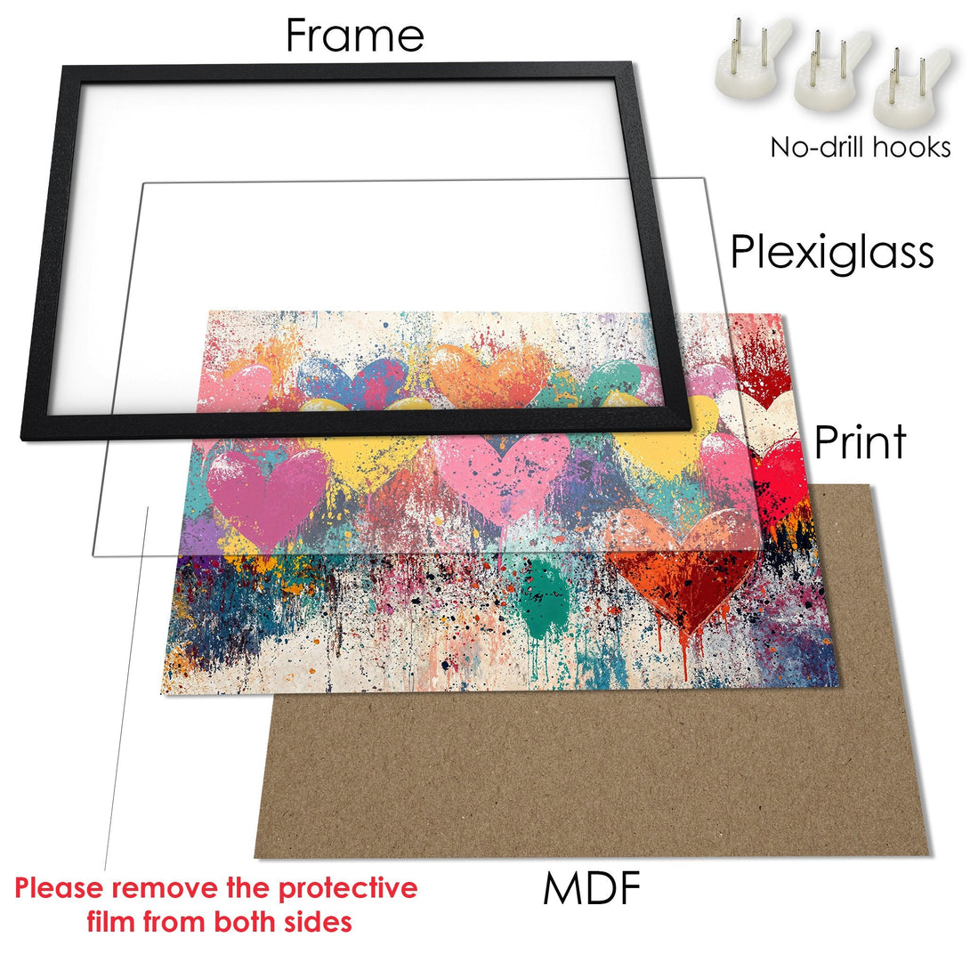 Framed Poster with colorful heart art. Abstract style with vibrant pink, orange, and blue hues. Perfect wall decor for any room.
