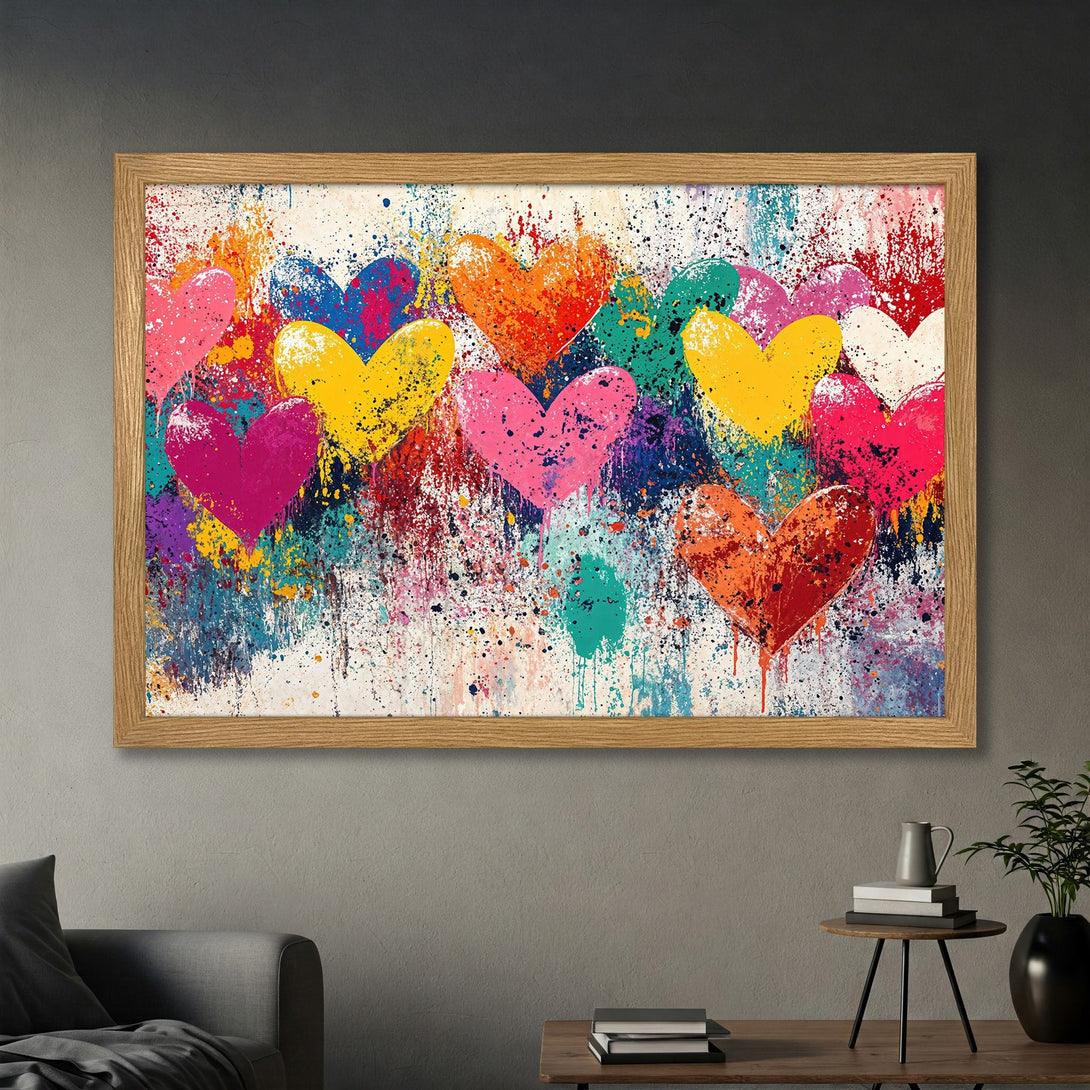 Framed Poster featuring colorful heart art. Modern abstract style with a vibrant, multi-color palette. Perfect wall decor!