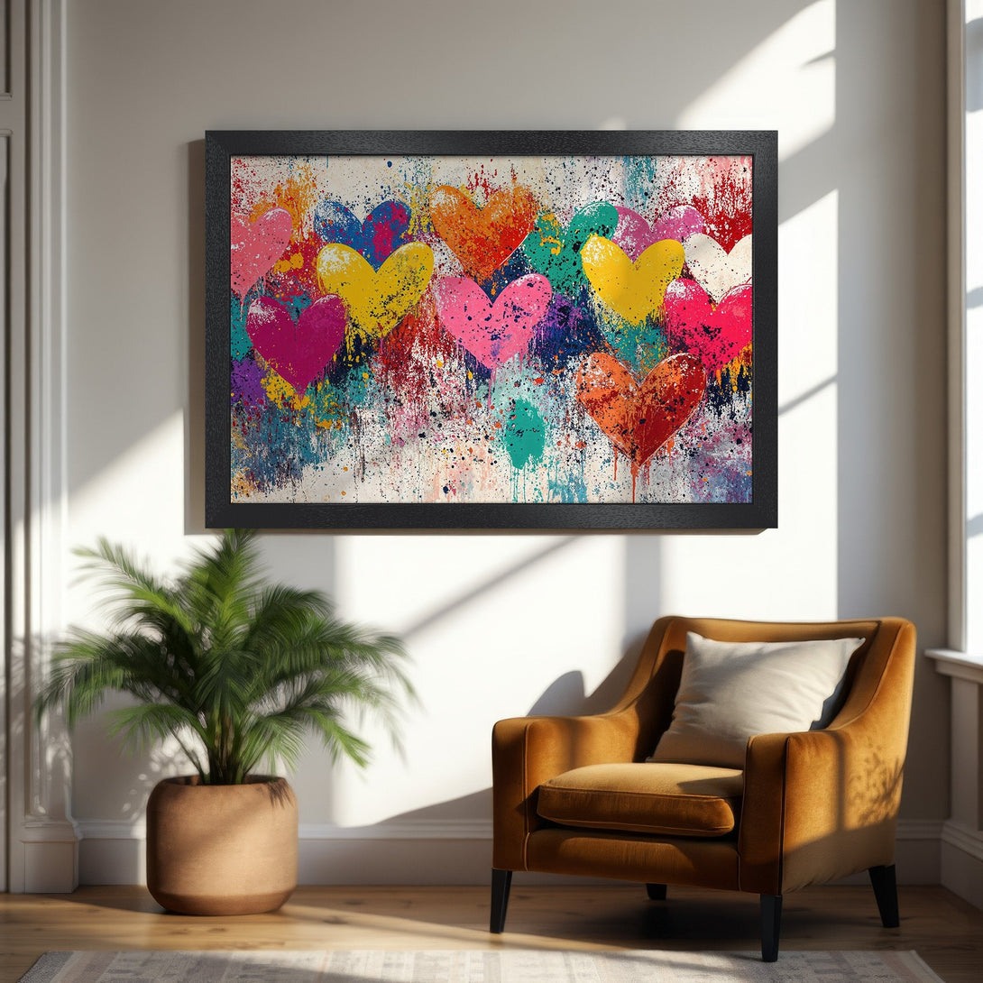Framed Poster featuring colorful heart art in a vibrant, abstract style. Perfect wall decor with a bold, modern color palette.