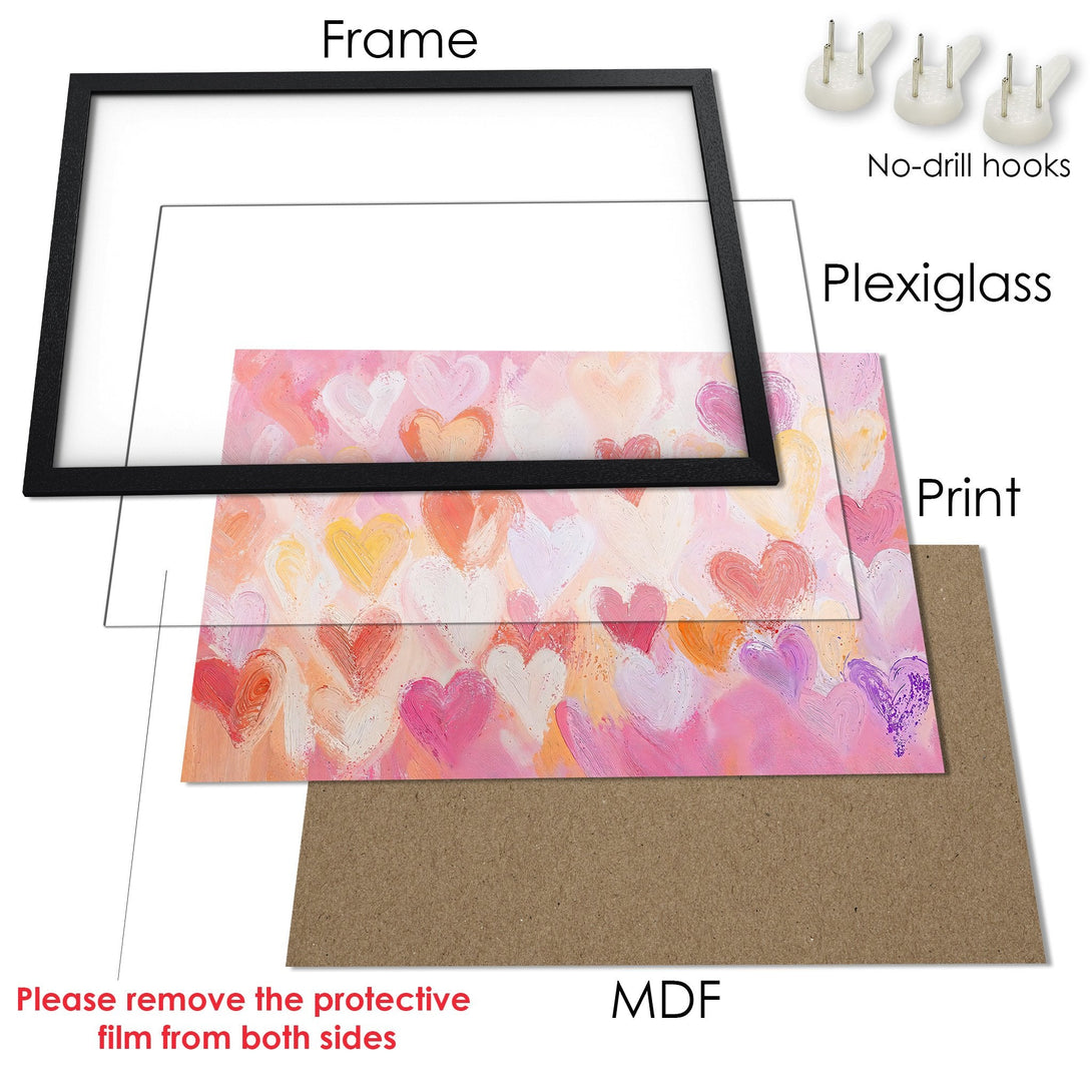 Framed Poster with heart art in pink, peach, and white. Perfect wall decor!