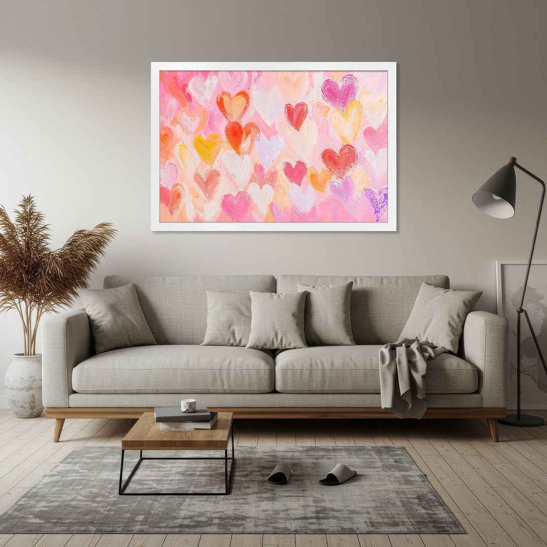 Framed Poster featuring abstract hearts in a vibrant pink, orange, and yellow color palette. Perfect for adding love and warmth to your home!