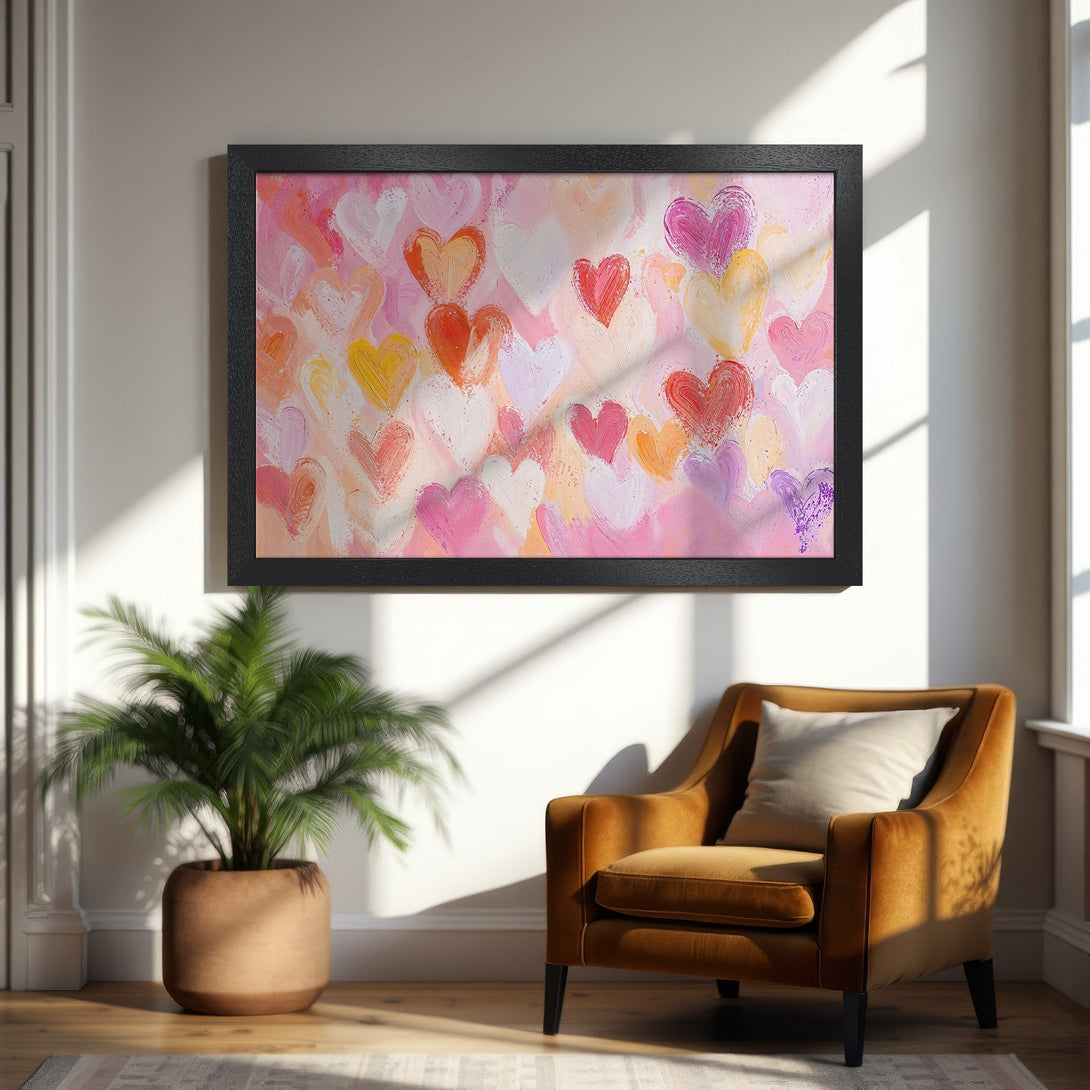 Framed Poster featuring abstract hearts in pink, orange, and yellow. Modern art style with warm color palette. Perfect for home decor.