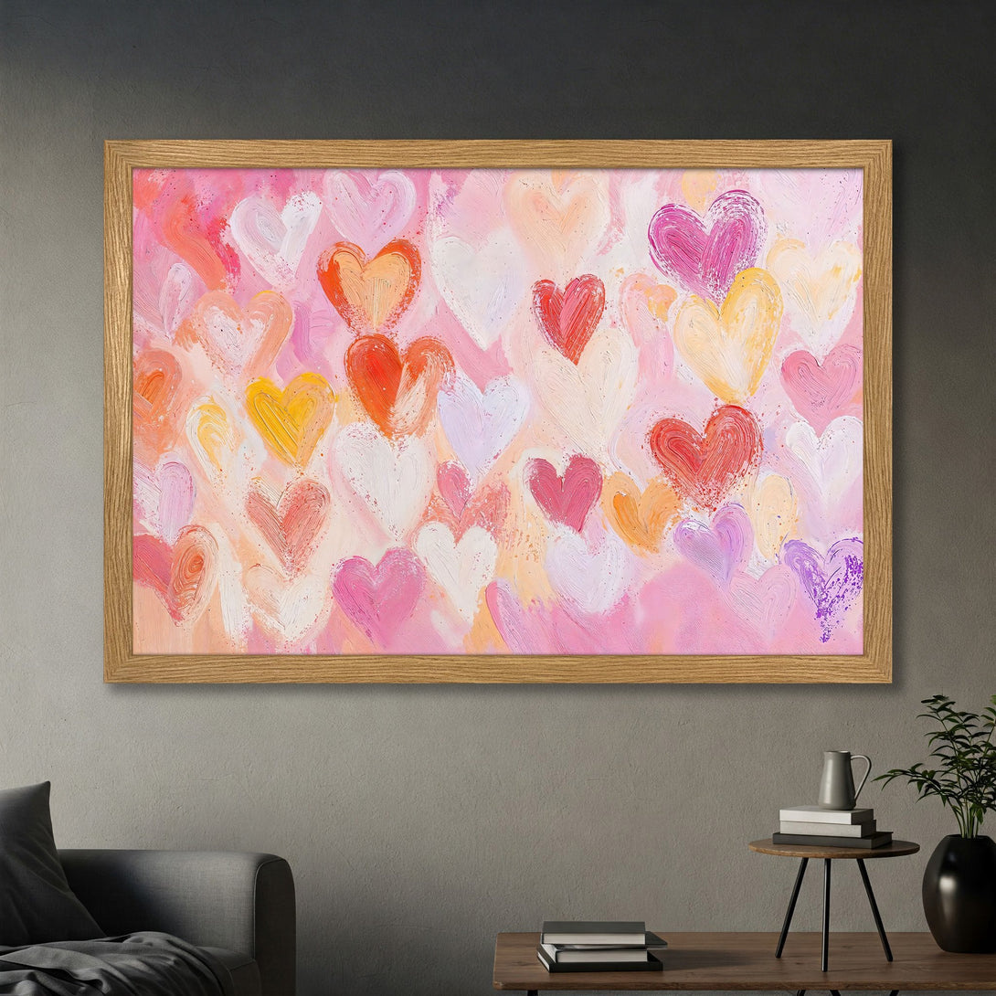 Framed Poster featuring a romantic heart design in a vibrant pink, orange, and yellow color palette. Perfect wall art for your home!