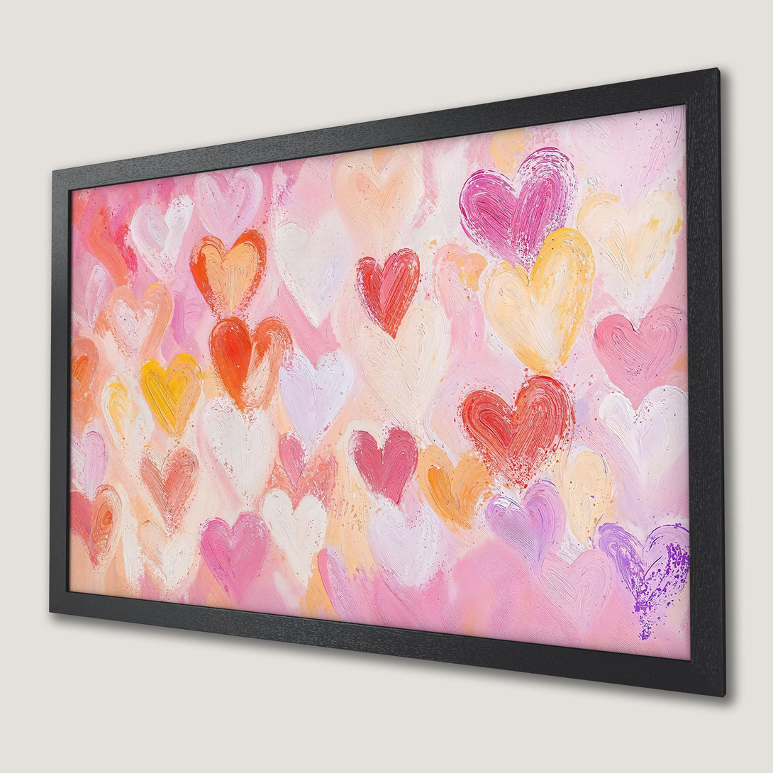 Framed Poster featuring a vibrant heart painting in a romantic pink and orange palette. Perfect wall art!