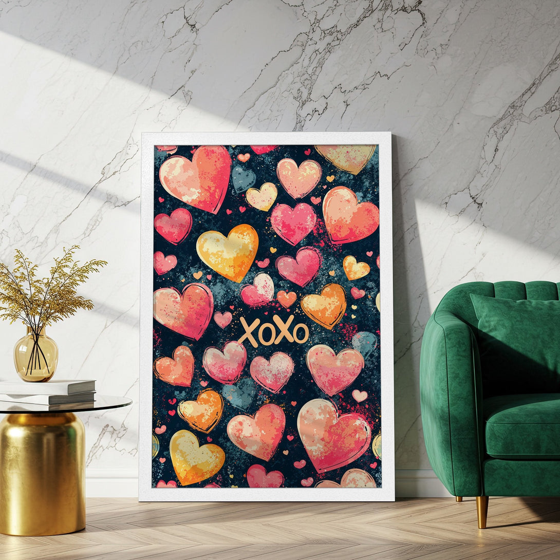 Framed Poster featuring watercolor hearts in a vibrant palette. Perfect Valentine's Day decor! Shop this beautiful Poster now.