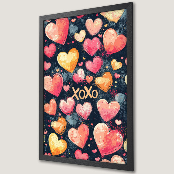 Framed Poster featuring a heart-filled design in a watercolor style with a warm, romantic color palette. Perfect for Valentine's Day!