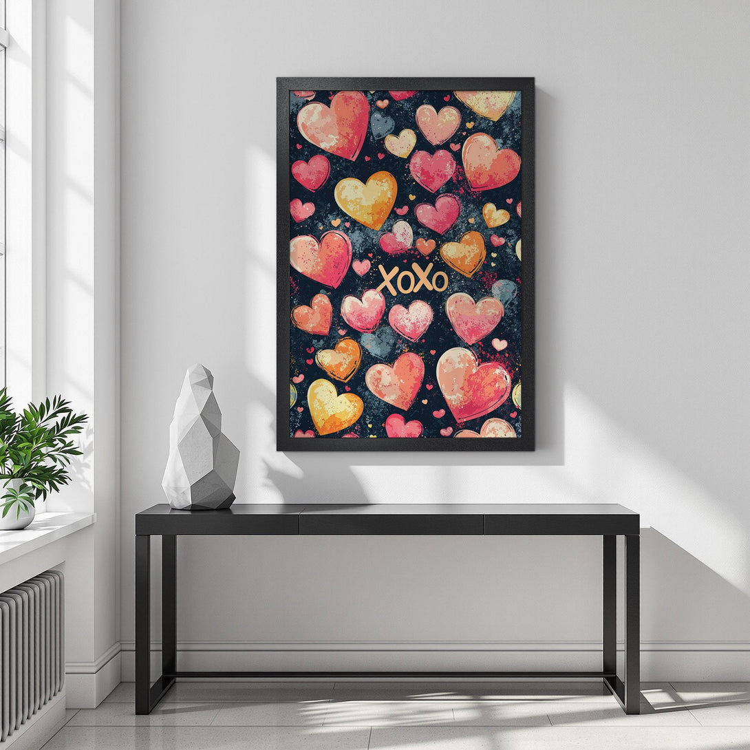 Framed Poster featuring a heart-filled design with a watercolor style in warm pinks, oranges, and yellows. Perfect Valentine's Day decor!
