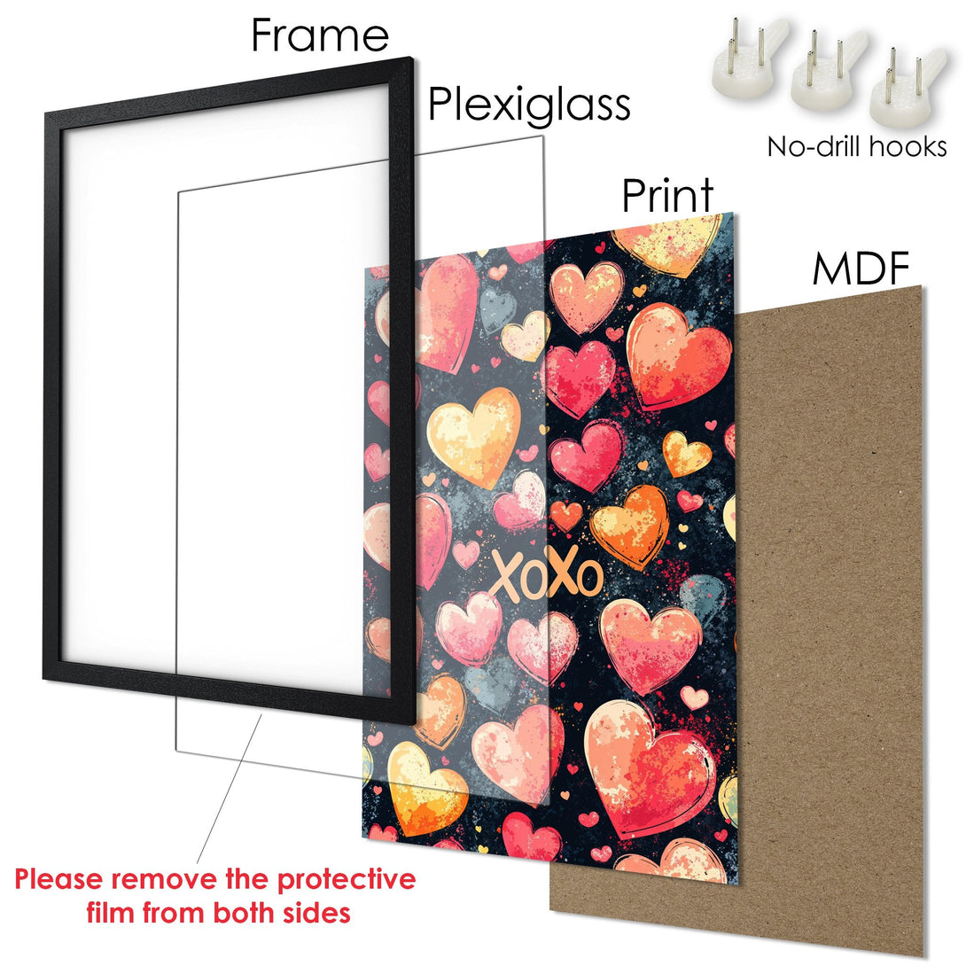 Framed Poster with colorful hearts. Perfect Valentine's Day decor! Romantic art print with a black frame and warm color palette.
