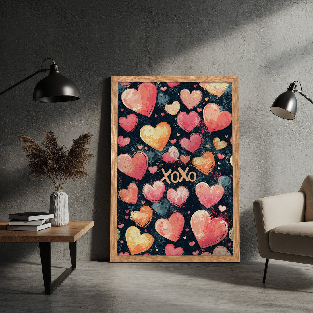 Framed Poster featuring a heart pattern in watercolor style, with a dark blue background and a warm, pink and orange color palette. Perfect for Valentine's!