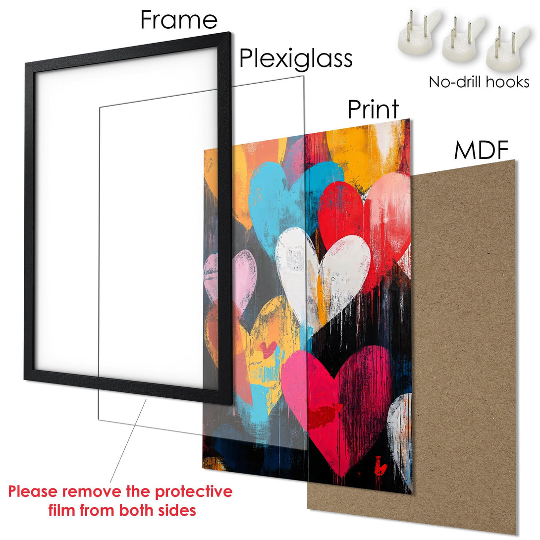 Framed Poster featuring colorful heart art. Modern style with vibrant red, blue, and yellow hues. Perfect wall decor!