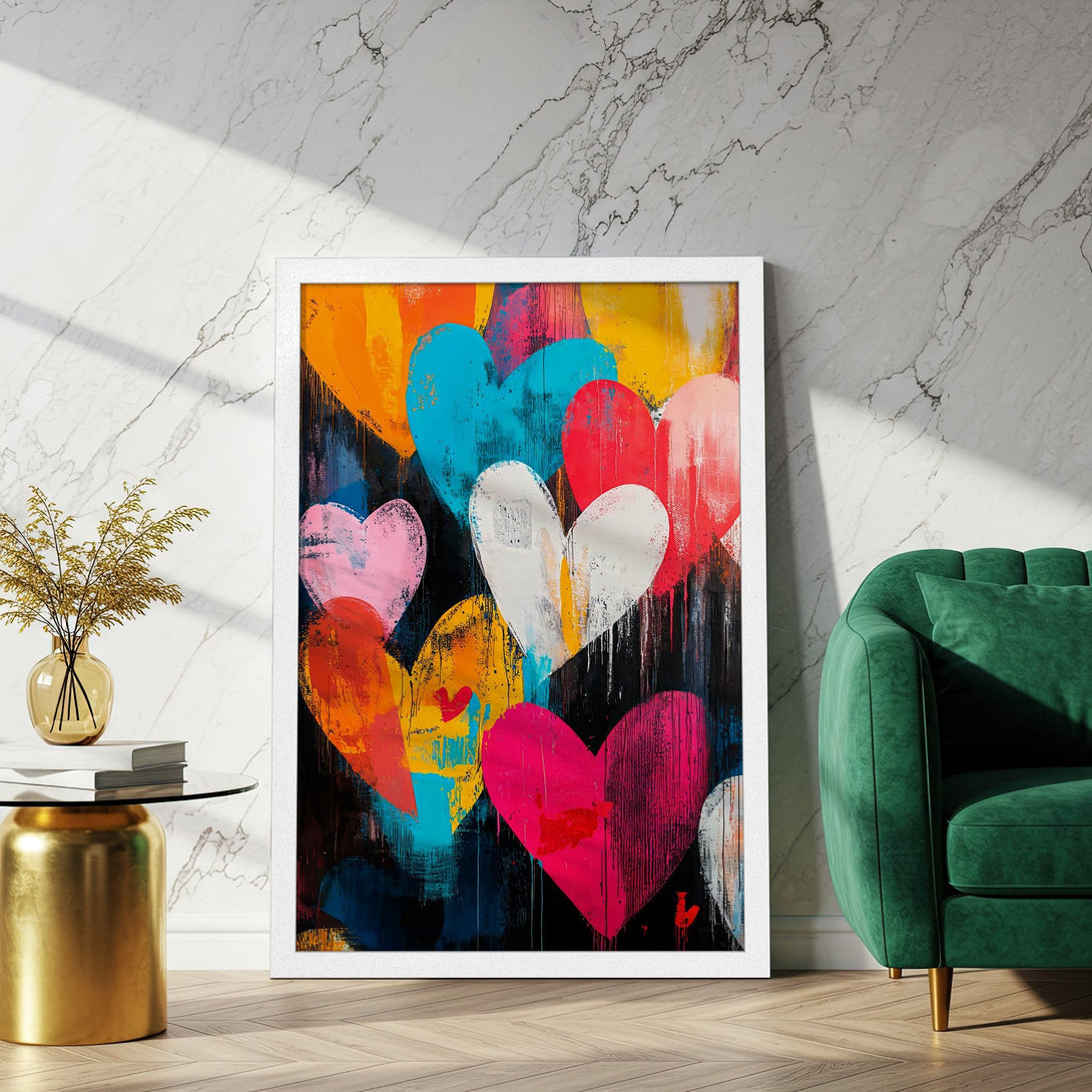 Framed Poster featuring colorful heart art. Modern abstract style with vibrant red, pink, blue, and yellow hues. Perfect wall decor!