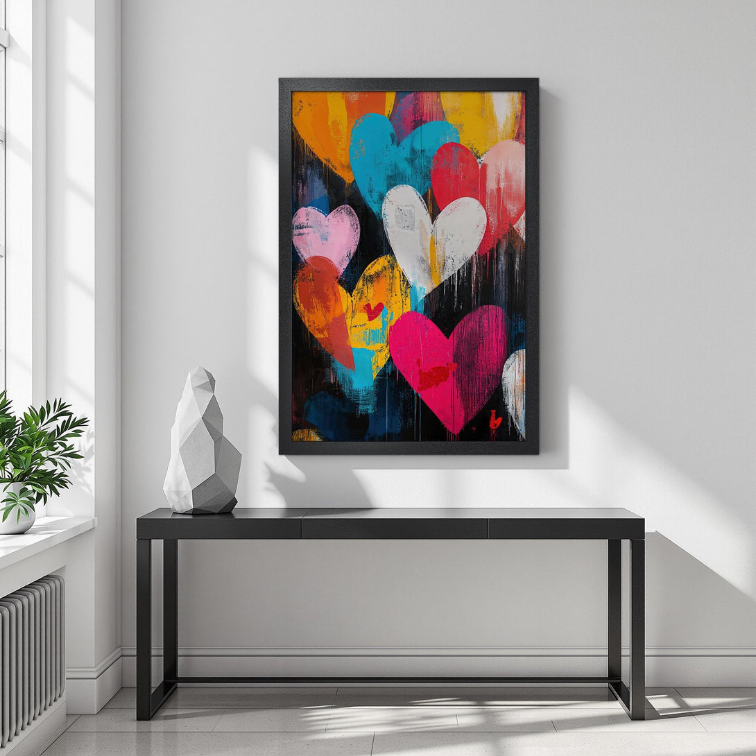 Framed Poster featuring colorful heart art. Modern style with vibrant red, blue, yellow, and pink hues. Perfect wall decor for any space!