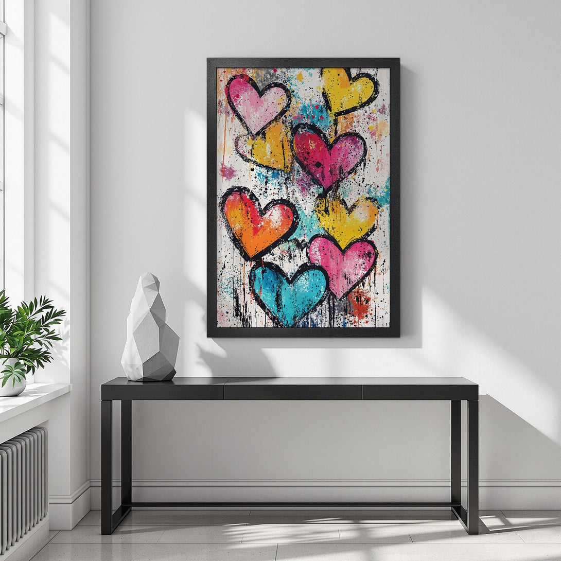 Framed Poster featuring colorful heart art. Modern, vibrant style with a bright, playful color palette. Perfect wall decor!