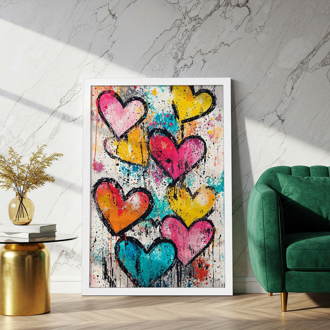 Framed Poster featuring colorful heart art in a vibrant, expressive style. Bold, modern design with a bright color palette.