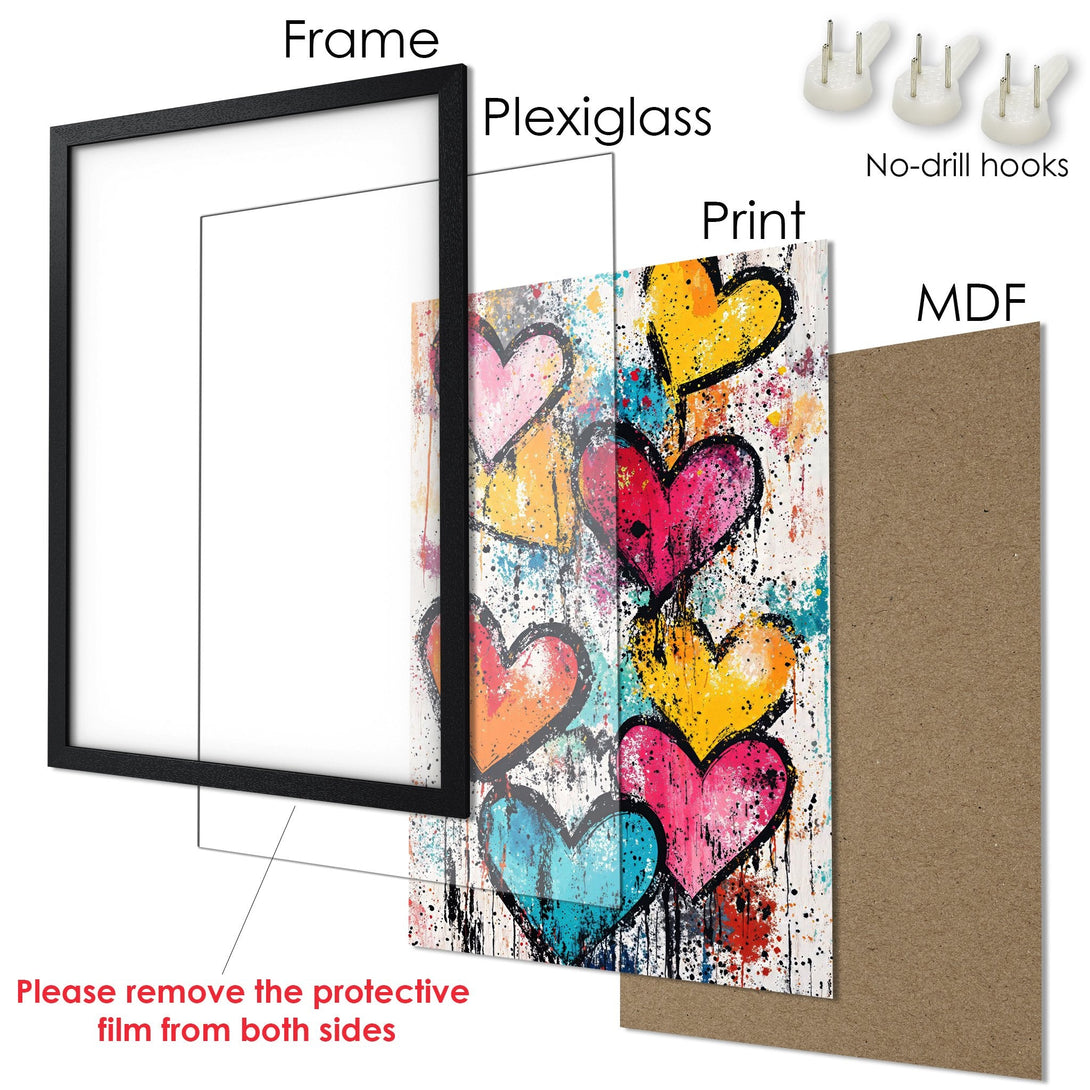 Framed Poster featuring colorful hearts in a vibrant, abstract style. Perfect wall art for any room!