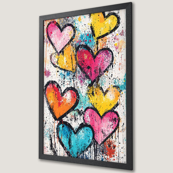 Framed Poster featuring colorful, abstract hearts on a white background. Modern art style with a vibrant pink, yellow, orange, and blue palette.