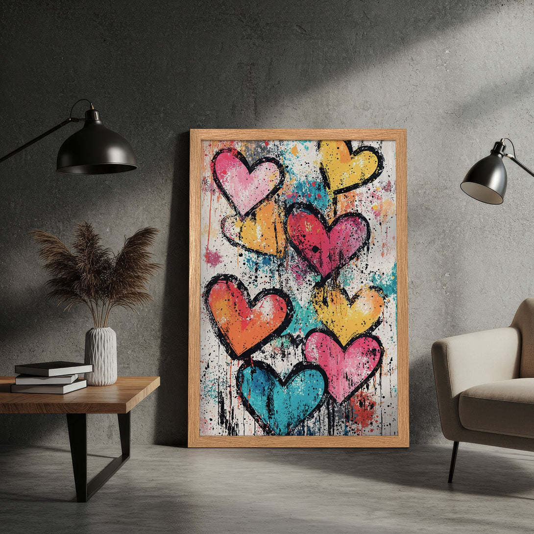 Framed Poster featuring colorful hearts in a modern, abstract style. Vibrant pink, yellow, and blue hues pop against a neutral background. Perfect wall art!