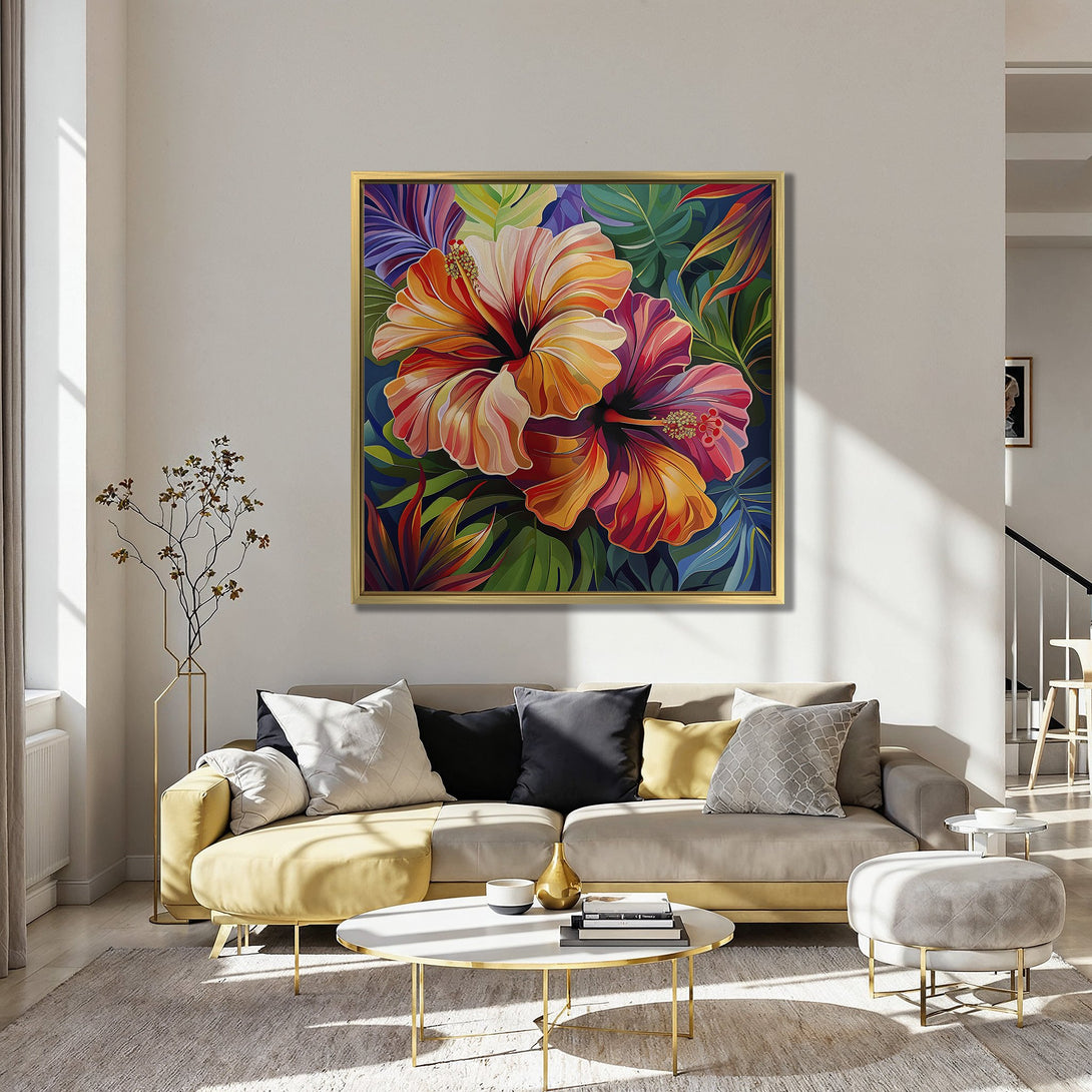 Canvas Print of vibrant hibiscus flowers in a tropical style, featuring warm orange, red, and green hues. Perfect wall art for your home!