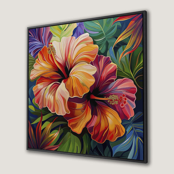 Framed Wall Art featuring vibrant hibiscus flowers in a tropical style. Rich orange, red, and green hues create a stunning, modern canvas print.