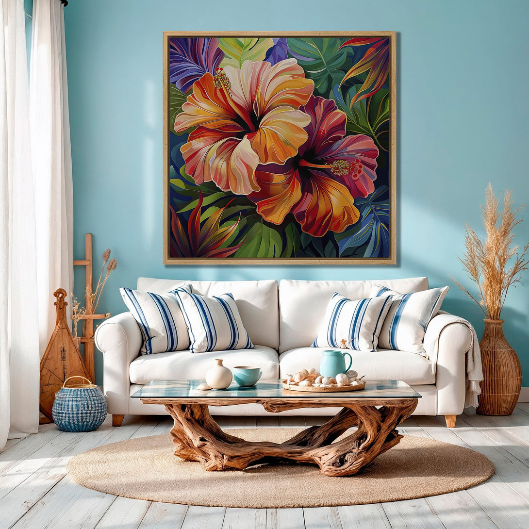 Framed Wall Art: Vibrant hibiscus flower canvas print, tropical style with warm orange, red, and green hues, perfect for adding a pop of color to your home decor.