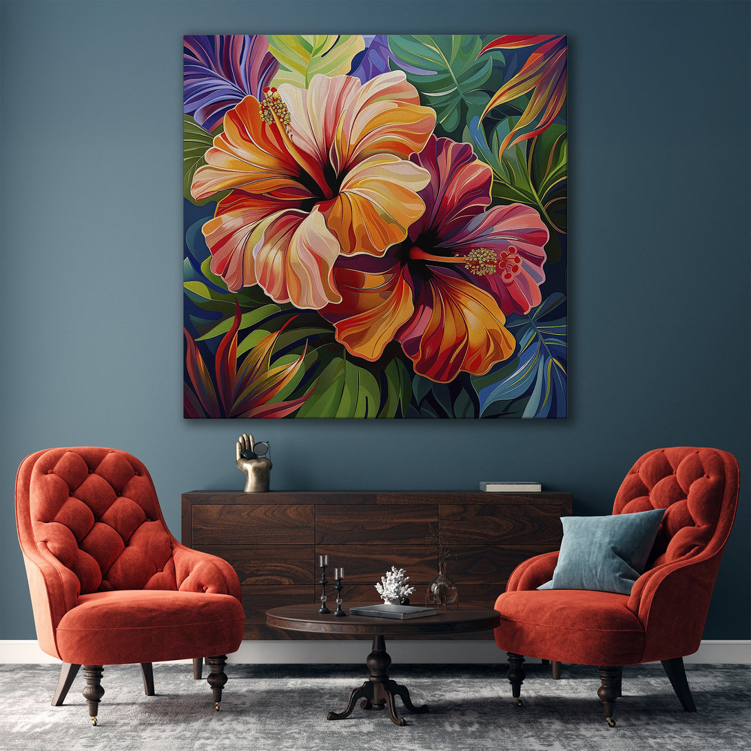 Framed Wall Art featuring vibrant hibiscus flowers in a colorful, tropical style. Warm, inviting color palette perfect for home decor.