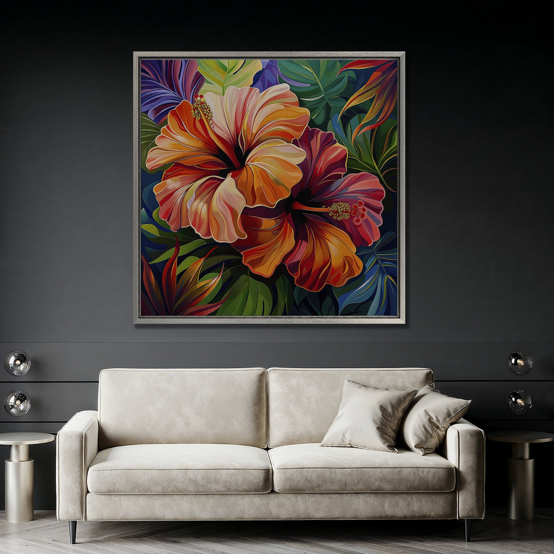 Framed Wall Art: Vibrant hibiscus flowers in a colorful, modern style. Tropical artwork with warm orange, red, and green hues, perfect for home decor.