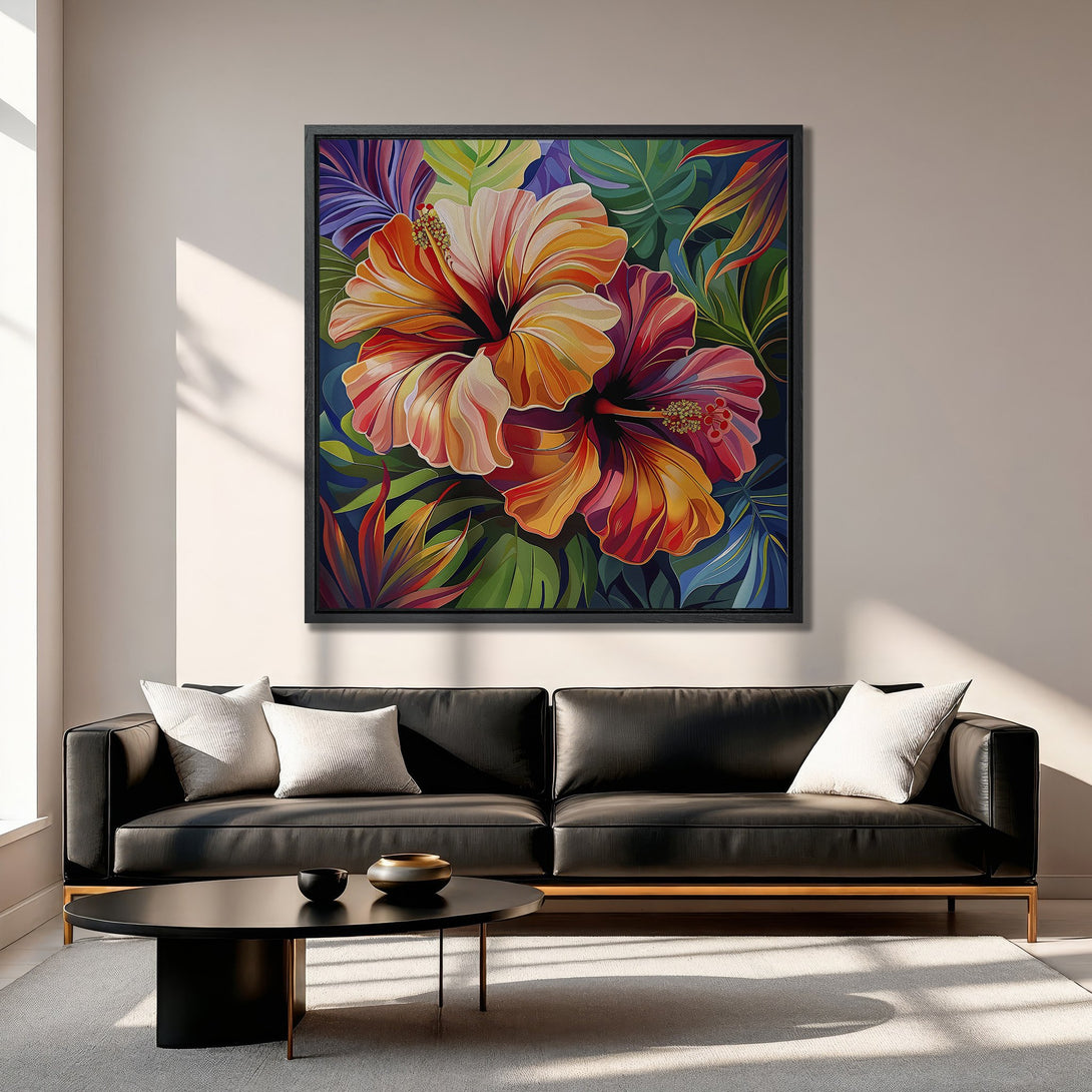 Framed Wall Art featuring vibrant hibiscus flowers in a modern style. Warm orange, red, and green hues bring a pop of color to any space.